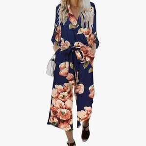 Navy Floral Jumpsuit with Belt & Pockets